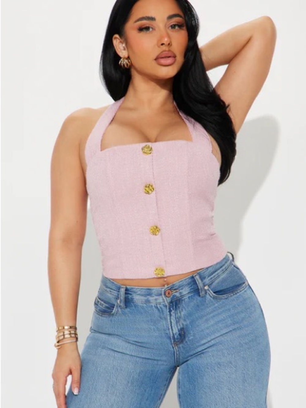 Fashion Nova Pink Halter Button-Front Crop Top